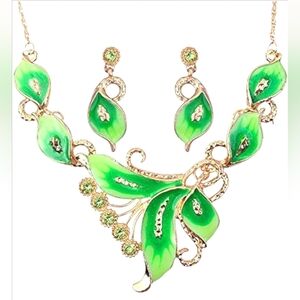 Gold Plated Sparkly Green Crystal Peacock Feather Necklace Earrings Set